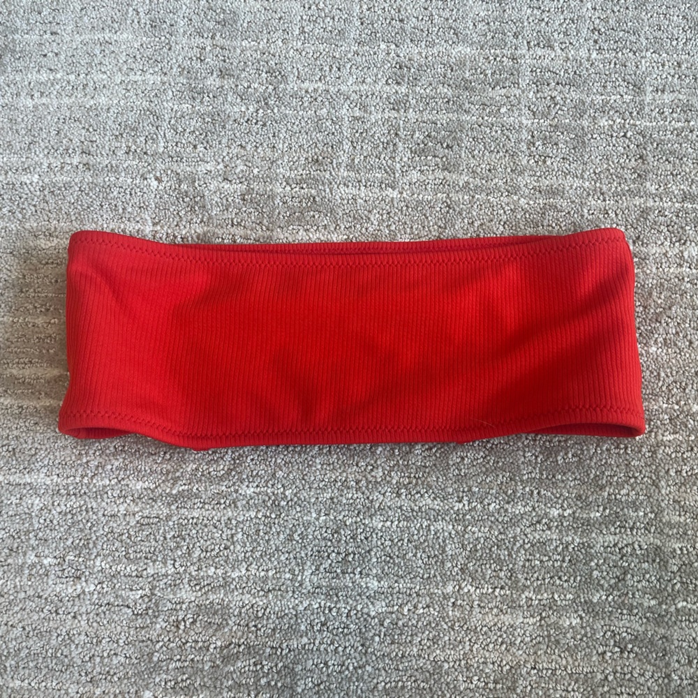 Red strapless swim suit